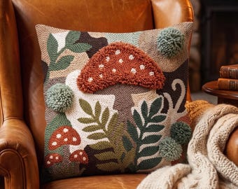 Giant Woodland Mushroom Punch Needle Pattern PDF, Cottagecore Statement Pillow, 3D Moss Forest Floor Fiber Art Digital Download