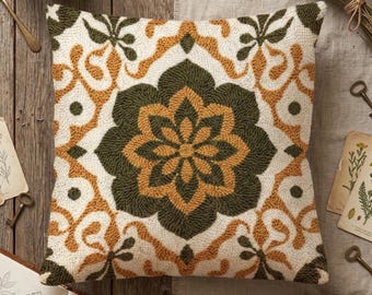 Modern Retro Mandala Punch Needle Pattern PDF - 70s Boho Sunburst Cushion DIY - Earthy Green Gold Folk Art