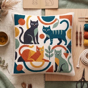 May include: A square throw pillow featuring a punch needle design of four cats in shades of black, teal, orange, and sage green, accented with geometric shapes and yarn balls on an off-white background with a textured, looped surface.