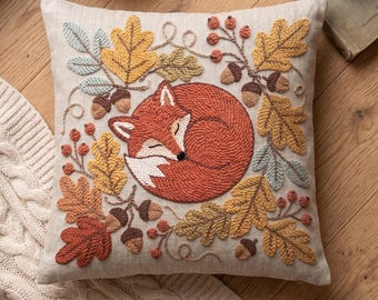 Sleeping Fox Punch Needle Pattern PDF, Cozy Autumn Cottagecore Fall Decor, Acorn Oak Leaf Linen Embroidery Digital Download