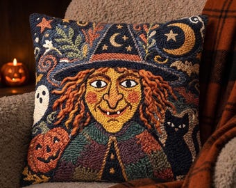 Primitive Witch Punch Needle Pattern PDF, Spooky Halloween Decor, Vintage Folk Art Embroidery Template Download, Digital Pattern