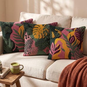 Jungle Botanical Punch Needle Pattern Bundle, Tropical Leaf Pillow Designs, Textured Rug Hooking PDF, Modern Fiber Art Patterns