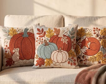Autumn Pumpkin & Sleeping Fox Punch Needle Pattern Set, 3-in-1 Cottagecore Fall Decor, Linen Embroidery Template PDF Digital Download