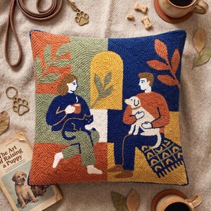 Patrón PDF personalizado de perro y gato para bordado con aguja perforadora, ilustración de pareja acogedora para cojín, diseño retro de alfombra patchwork para ganchillo, arte de almohada de punto de aguja