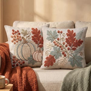 May include: Two square throw pillows featuring intricate embroidery of autumn motifs. The left pillow displays pumpkins and berries, while the right pillow showcases a detailed arrangement of oak and maple leaves in shades of rust, sage, and cream.