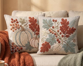 Autumn Pumpkin & Fall Leaves Punch Needle Pattern Bundle, 2-in-1 Cottagecore Harvest Pillow, Linen Embroidery Digital Download