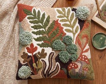 Botanical Fern & Forest Floor Punch Needle Pattern PDF, Cottagecore Autumn Leaves Pillow, 3D Moss Fiber Art Template Digital Download