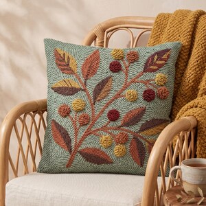Realistic Autumnal Branch Punch Needle Pattern PDF - Earthy Leaf Berry Pillow Pattern - Modern Nature Embroidery DIY - Sage Green Rust Art