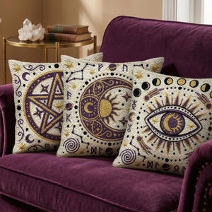 Zestaw igieł do dziurkowania Witchy Occult, zestaw 3 sztuk Celestial Pentagram i Mystic Eye, szydełkowanie dywanów Moon Sun Folk Art w formacie PDF, mroczna, kapryśna sztuka dekoracyjna w stylu gotyckim