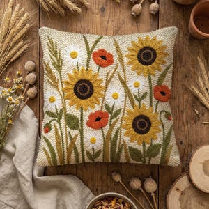 Zonnebloem klaproos Daisy punch naaldpatroon, wilde bloemen kussen tapijt aansluiten pdf, Floral Meadow DIY decor, getextureerde botanische borduurwerk