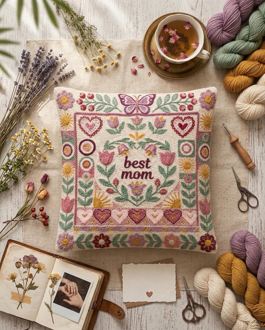 Mother's Day Best Mom Punch Needle Pattern PDF, Floral Heart Fiber Art ...