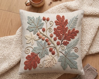 Autumn Oak & Maple Leaves Punch Needle Pattern PDF, Rustic Cottagecore Fall Branch Pillow, Linen Embroidery Template Digital Download