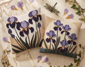 Art Nouveau Iris Punch Needle Pattern Bundle, Floral Cushion PDF Set of 2, Botanical Flower Pillow Design, Rug Hooking Embroidery Template