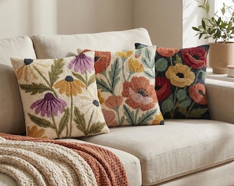 Floral Punch Needle Pattern Bundle - Botanical Pillow Set PDF - Sage Green Rust Flower Decor DIY - 3-in-1 Modern Cushion Pattern Pack