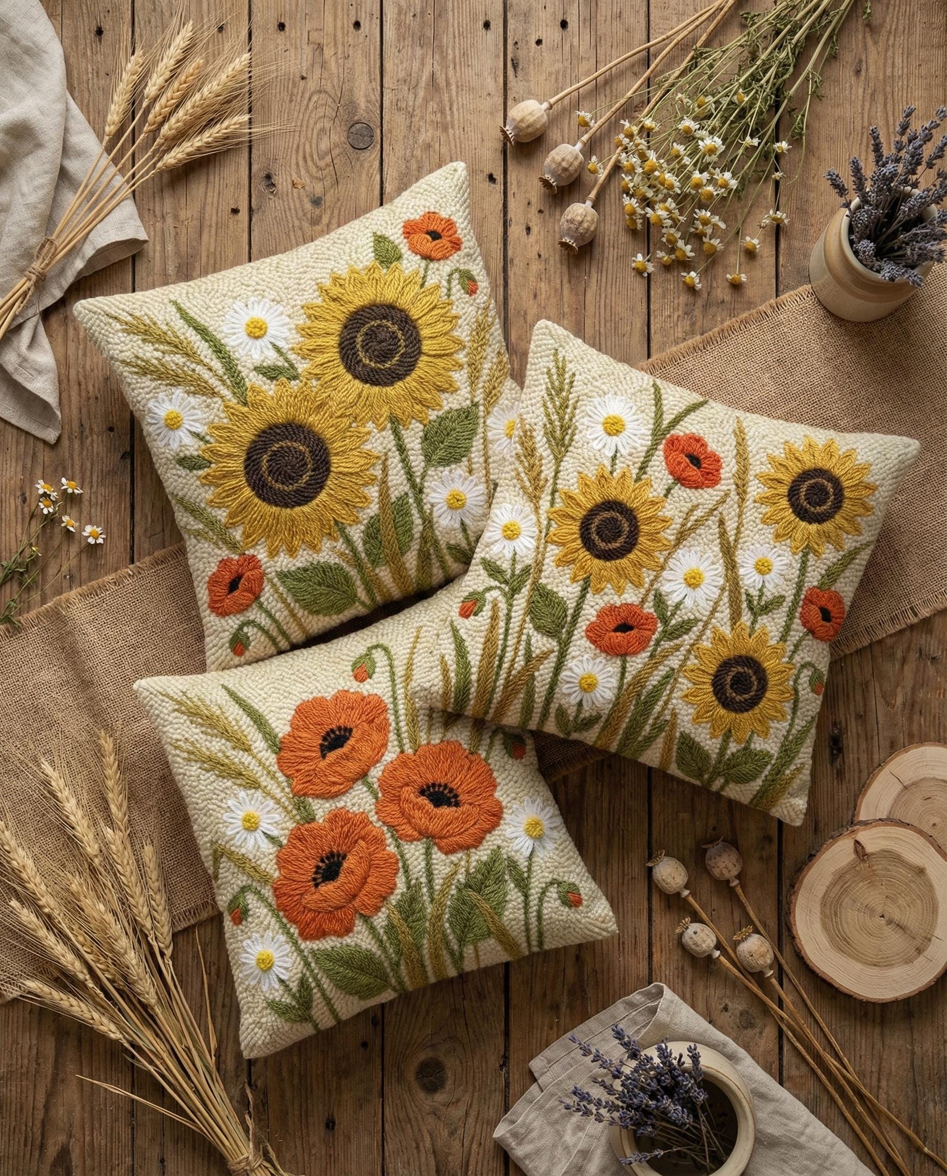 Sunflower and Poppy Punch Needle Pillow Pattern Set, Floral Rug Hooking ...