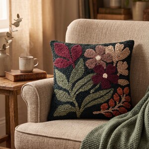 May include: A decorative square pillow with a dark background and a floral design. The flowers are in shades of burgundy, pink, and tan, with green leaves and orange accents. The pillow is placed on a beige armchair with a green blanket.