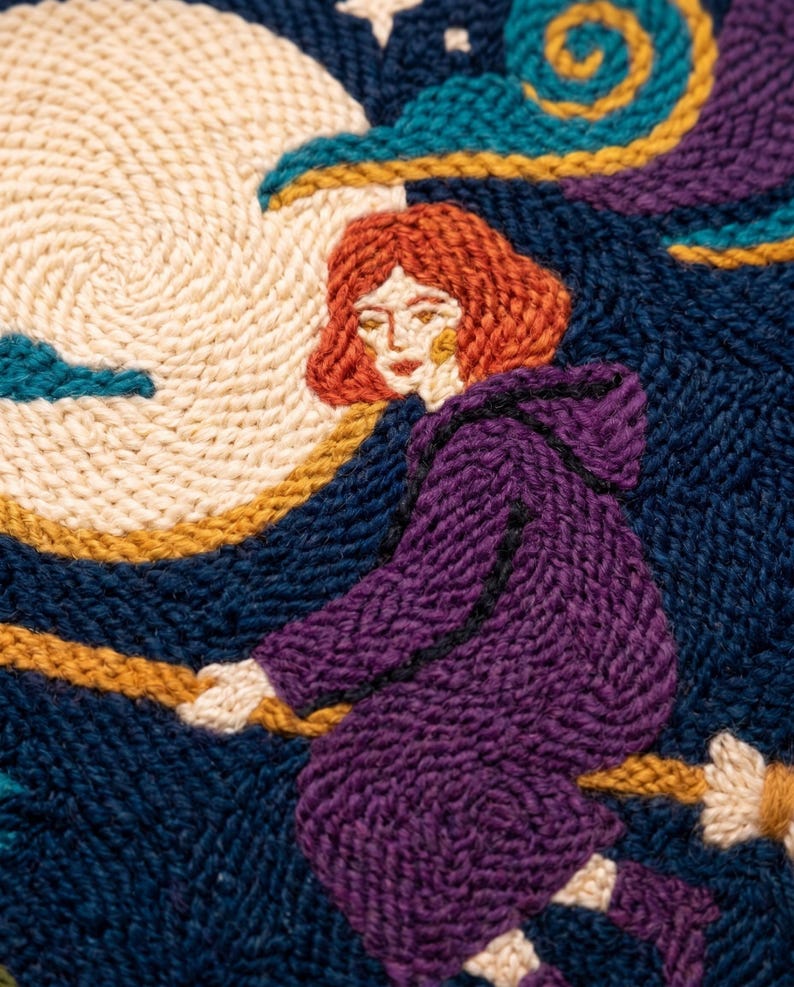 Modern Witch Punch Needle Patterns PDF, Halloween Pillow Crochet Bundle, Cozy Spooky Season Rug Hooking Whimsical Cat Cushion Digital Art image 2