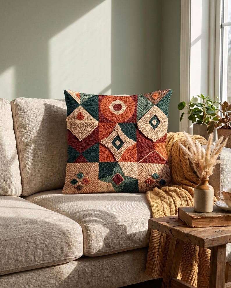 May include: A square throw pillow featuring a textured punch needle design with a geometric pattern. The surface displays a grid of squares in shades of burnt orange, deep teal, and cream, with raised shapes including circles, diamonds, and triangles.