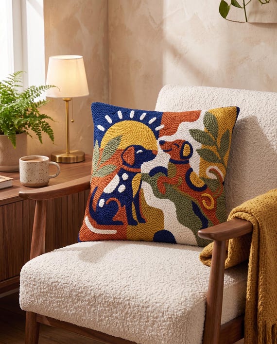 Modern Dogs Punch Needle Pattern PDF, Whimsical Puppy Cushion Craft, Mid Century Abstract Dog Rug Hooking Design, Needlepoint Pillow Art