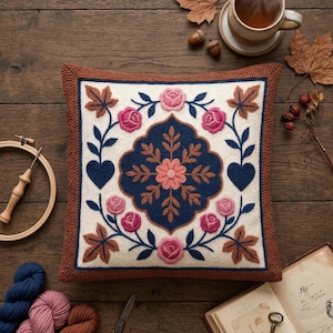 Symmetrical Folk Floral Punch Needle Pattern - Botanical Tile PDF - Above Bed Art - Texture Rustic Abstract - Flat Stitch DIY Design