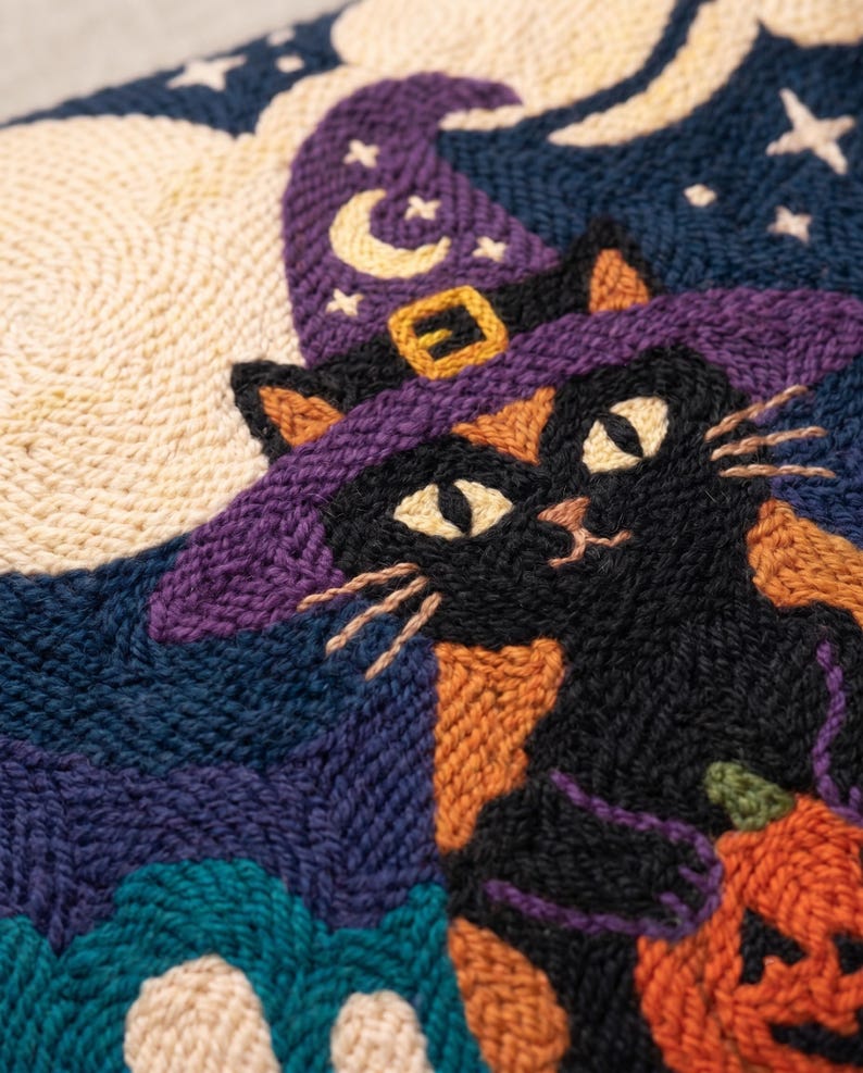 Modern Witch Punch Needle Patterns PDF, Halloween Pillow Crochet Bundle, Cozy Spooky Season Rug Hooking Whimsical Cat Cushion Digital Art image 9