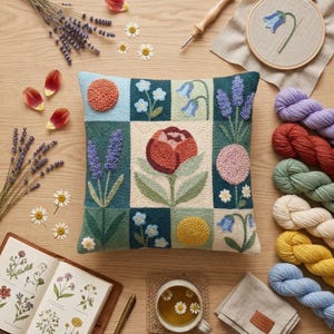 Könnte beinhalten: Quadratisches Kissen mit gestickten Blumenmustern, darunter eine rote Rose und Lavendel. Handwerkszubehör wie Garn, eine Teetasse und ein botanisches Illustrationsbuch sind um das Kissen auf einer Holzoberfläche angeordnet.