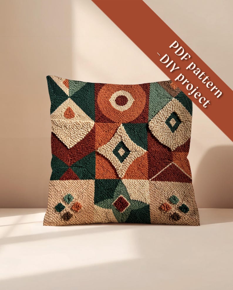 May include: A square punch needle cushion cover featuring a geometric patchwork design in shades of dark green, burnt orange, and cream. The textured surface displays various shapes including circles, diamonds, and squares. Text reads: PDF pattern - DIY project.
