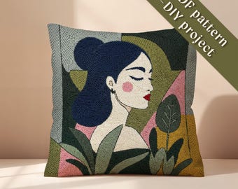 Woman Portrait Punch Needle Pattern, Mothers Day Gift, Modern Botanical Art, Elegant Home Decor, DIY Craft Project