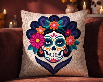 Catrina La Calavera Punch Needle Pattern PDF, Día de los Muertos Day of the Dead Craft, Mexican Folk Art Floral Skull Pillow Download