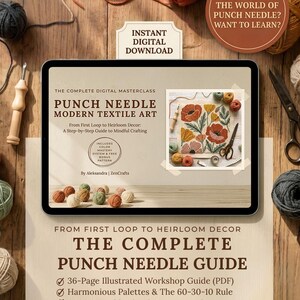 May include: A digital tablet displaying a punch needle masterclass guide titled Punch Needle Modern Textile Art. The screen shows a floral punch needle project, text, and yarn balls. The tablet is surrounded by various colored yarn balls and scissors.