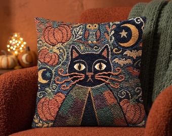 Primitive Black Cat Punch Needle Pattern PDF, Spooky Halloween Decor, Whimsical Folk Art Pillow Embroidery Template Digital Download