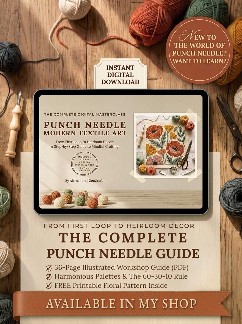 May include: A digital tablet displaying a punch needle masterclass guide titled Punch Needle Modern Textile Art. The screen shows a floral punch needle project, text, and yarn balls. The tablet is surrounded by various coloured yarn balls and scissors.