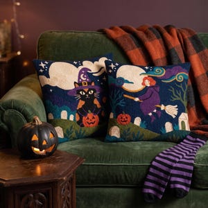 Modern Witch Punch Needle Patterns PDF, Halloween Pillow Crochet Bundle, Cozy Spooky Season Rug Hooking Whimsical Cat Cushion Digital Art image 7