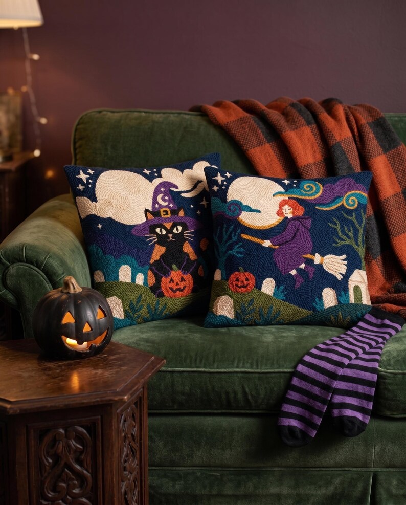 Modern Witch Punch Needle Patterns PDF, Halloween Pillow Crochet Bundle, Cozy Spooky Season Rug Hooking Whimsical Cat Cushion Digital Art image 7