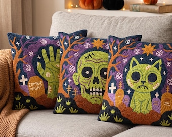 Zombie Halloween Punch Needle Patterns PDF, Cozy Spooky Season Rug Hooking Bundle, Whimsical Graveyard Kitten Skull Cushion Digital Art