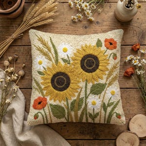 May include: Square cream cushion with a floral design. It features two large yellow sunflowers with brown centres, white daisies, and orange poppies. Green leaves and wheat stalks are also embroidered. The cushion is on a wooden surface.