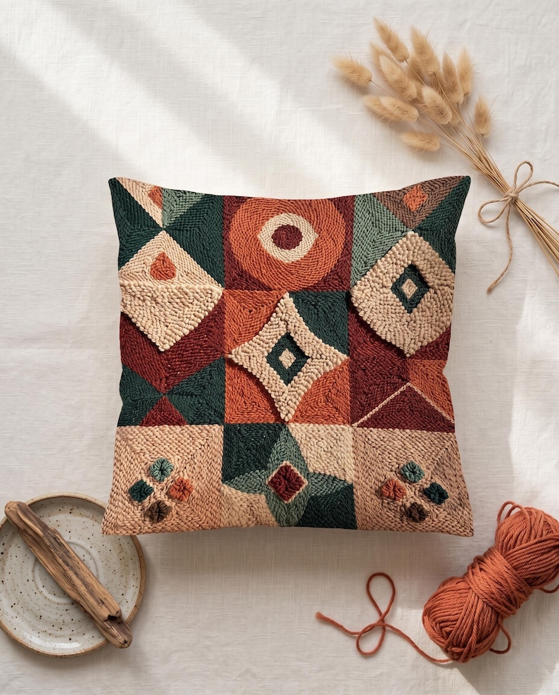 May include: A square throw cushion featuring a textured punch needle design with a geometric pattern of squares and diamonds. The colour palette includes shades of deep green, burnt orange, maroon, and cream, creating a multi-layered visual effect.