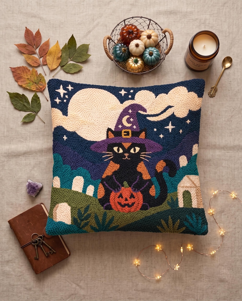 May include: A square throw pillow featuring a punch needle design of a black cat wearing a purple witch hat, holding an orange jack-o'-lantern. The background depicts a night scene with a large cream moon, clouds, stars, and a graveyard.