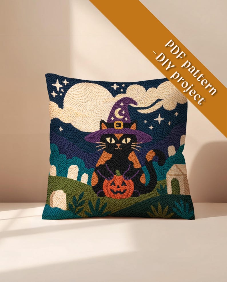 May include: A square throw pillow featuring a punch needle design of a black cat wearing a purple witch hat and holding an orange jack-o'-lantern. The background shows a night sky with a large moon, clouds, stars, and a graveyard. Text reads PDF pattern - DIY project.