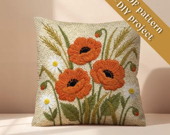 Wildflower Meadow Punch Needle Pattern, Poppy and Daisy Rug Hooking PDF, Cottagecore Floral Cushion DIY, Textured Summer Garden Embroidery