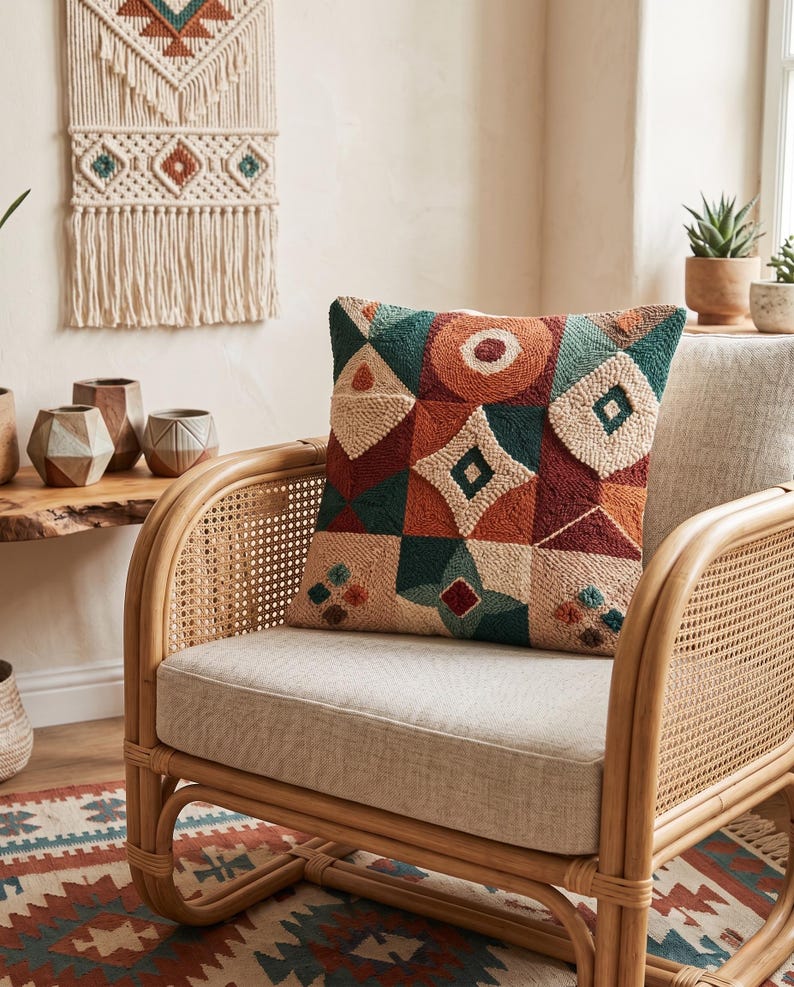 May include: A square throw cushion featuring a textured punch needle design with a geometric pattern in shades of terracotta, dark teal, and cream. The cushion displays various shapes including circles, diamonds, and triangles across its surface.