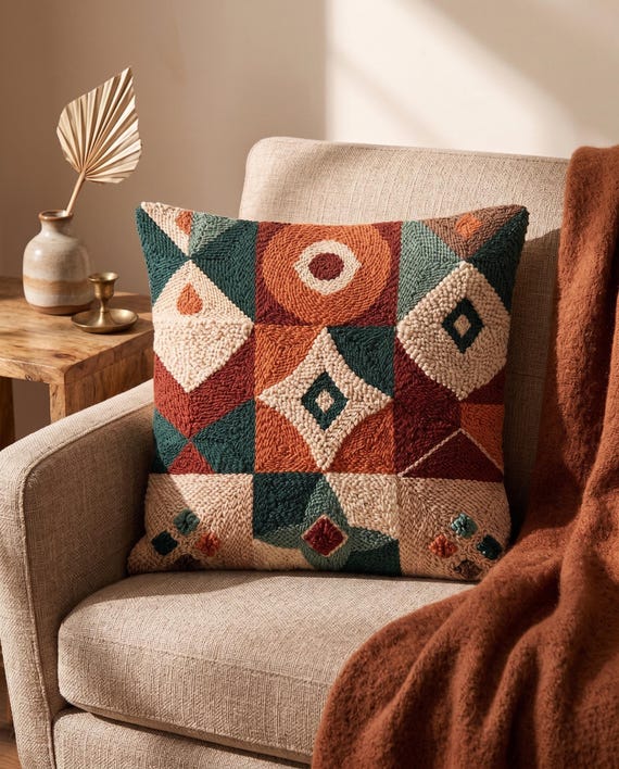 Southwestern Punch Needle Pattern PDF, Boho Geometric Cushion Craft, Aztec Style Tribal Rug Hooking Design, Modern Needlepoint Pillow Art