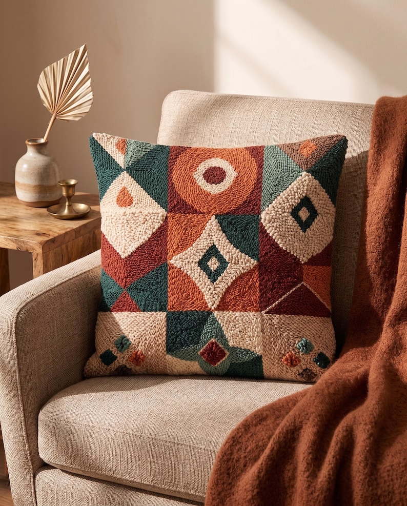 May include: A square throw cushion featuring a textured punch needle design with a geometric pattern. The surface displays a grid of squares containing circles, diamonds, and triangles in a colour palette of burnt orange, deep teal, and cream.