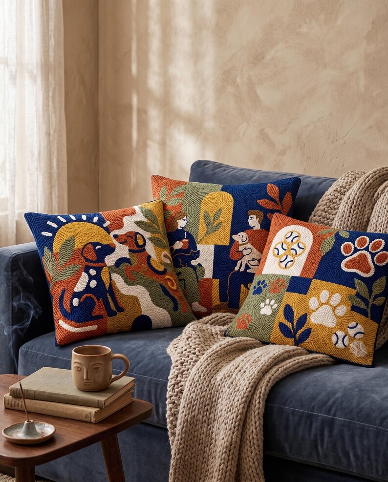 May include: Three square throw pillows featuring textured punch needle embroidery in a vibrant palette of navy blue, mustard yellow, burnt orange, and cream. The designs depict stylized dogs, people, paw prints, and tennis balls in a grid pattern.