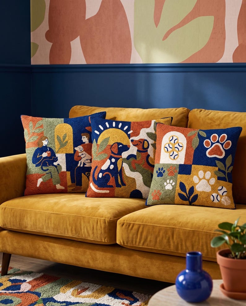 May include: Three square throw pillows featuring textured punch needle embroidery in a vibrant palette of navy blue, mustard yellow, orange, and green. The designs depict stylized scenes of people with pets, dogs playing under a sun, and paw prints.