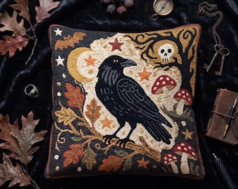 Primitive Crow Punch Needle Pattern Halloween Crow PDF Embroidery Design Whimsical Raven Cozy Fall Decor