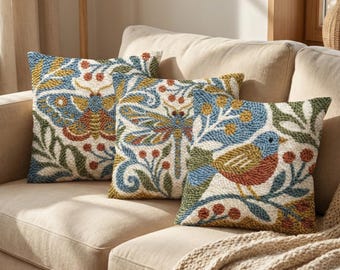 Woodland Nature Punch Needle Bundle - 3 Bird Moth Dragonfly PDF Patterns - Sage Green Rust Decor - Earthy Nature DIY Cushion Set Pack
