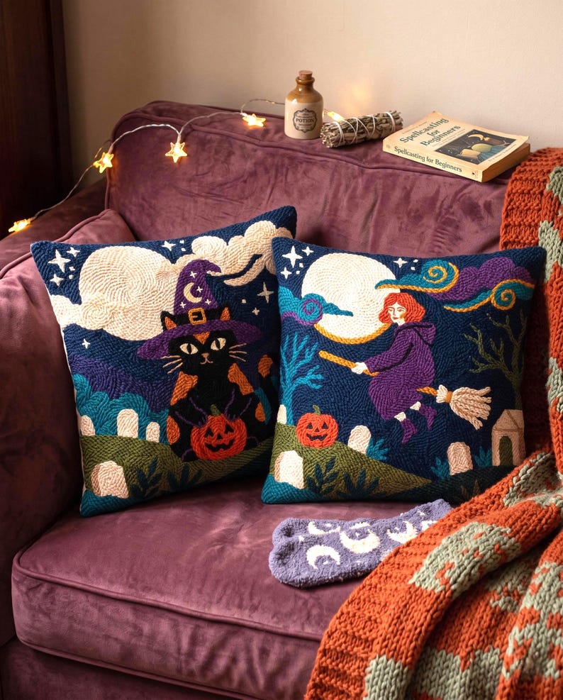 Modern Witch Punch Needle Patterns PDF, Halloween Pillow Crochet Bundle, Cozy Spooky Season Rug Hooking Whimsical Cat Cushion Digital Art image 1