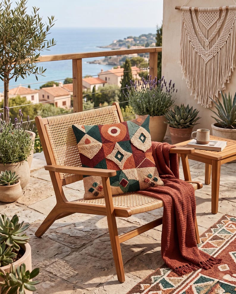 May include: A wooden armchair with a woven cane back and seat, featuring a square throw pillow with a geometric punch needle pattern in shades of rust, teal, and cream, draped with a textured rust-coloured throw blanket on the seat.