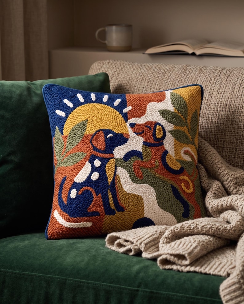 May include: A square throw pillow featuring a textured punch needle design of two dogs in a landscape with a yellow sun. The color palette includes deep blue, burnt orange, mustard yellow, olive green, and cream, with a dark blue piped edge.